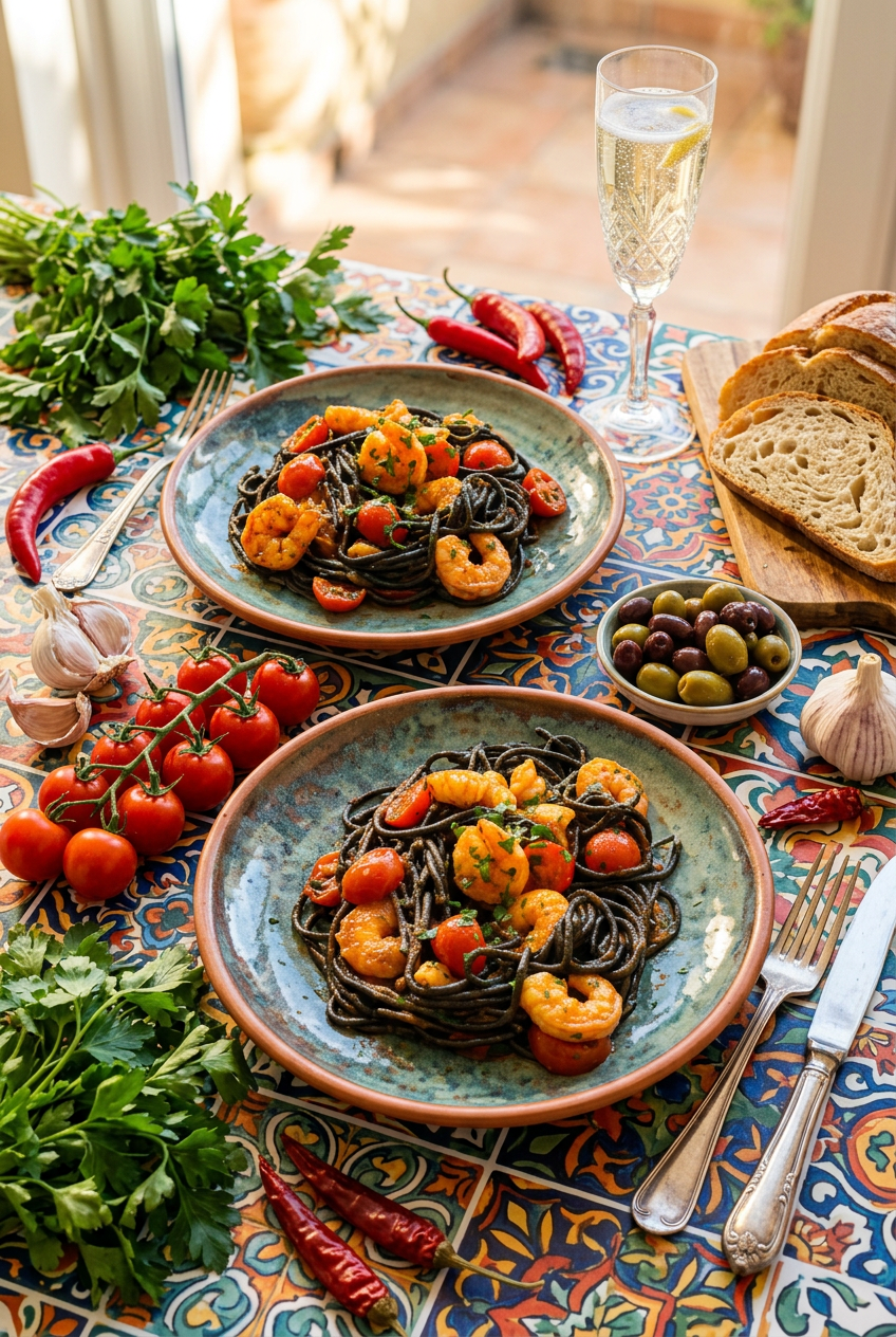 Black Spaghetti with Prawns and Cherry Tomatoes - Single serve - Frozen